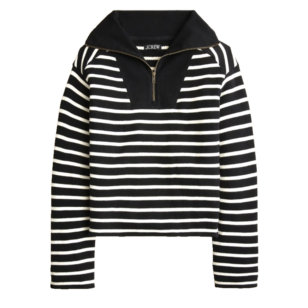 J Crew Womens Heritage Terry Quarter Zip‎ Sweat Shirt Black Stripe Medium Preppy